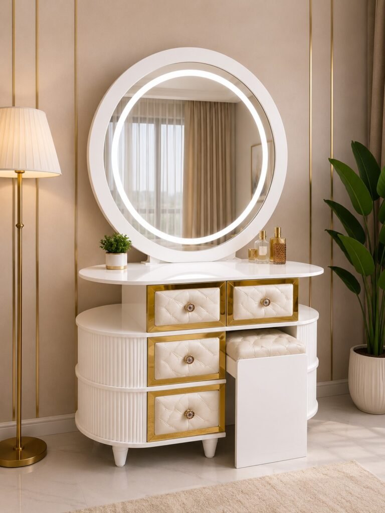 Premium White and Gold LED Dressing Table with Round Mirror, Storage Drawers and Matching Stool