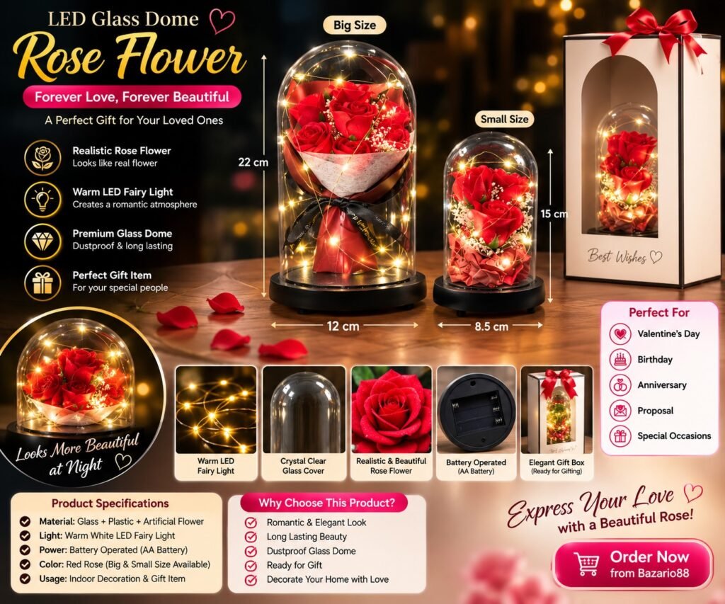 Elegant LED rose flower in a transparent glass dome with warm fairy lights, perfect as a romantic gift and home decoration.