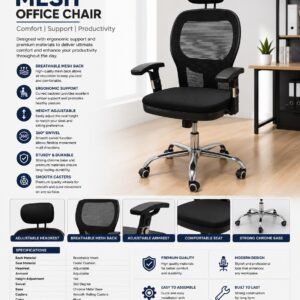 Premium black ergonomic mesh office chair with adjustable headrest, adjustable armrest, cushioned seat and chrome metal base