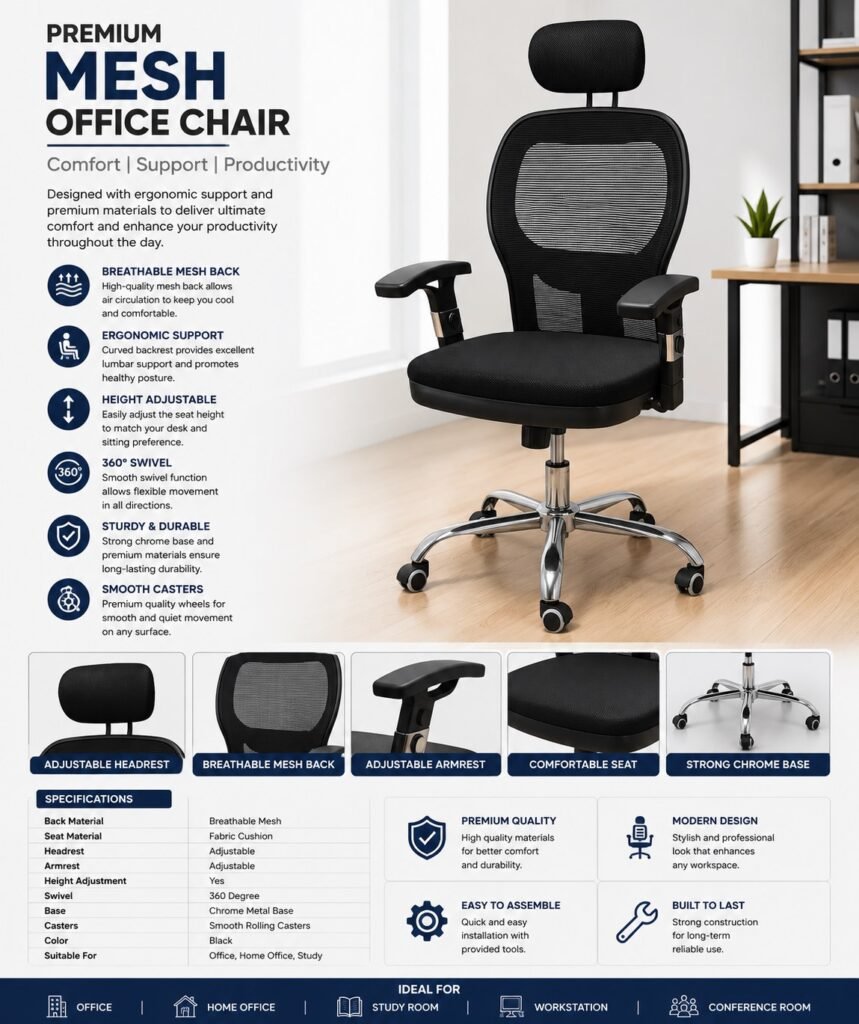 Premium black ergonomic mesh office chair with adjustable headrest, adjustable armrest, cushioned seat and chrome metal base
