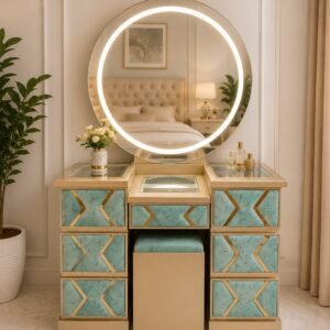Premium Gold and Aqua LED Dressing Table with Round Mirror, Storage Drawers and Matching Stool