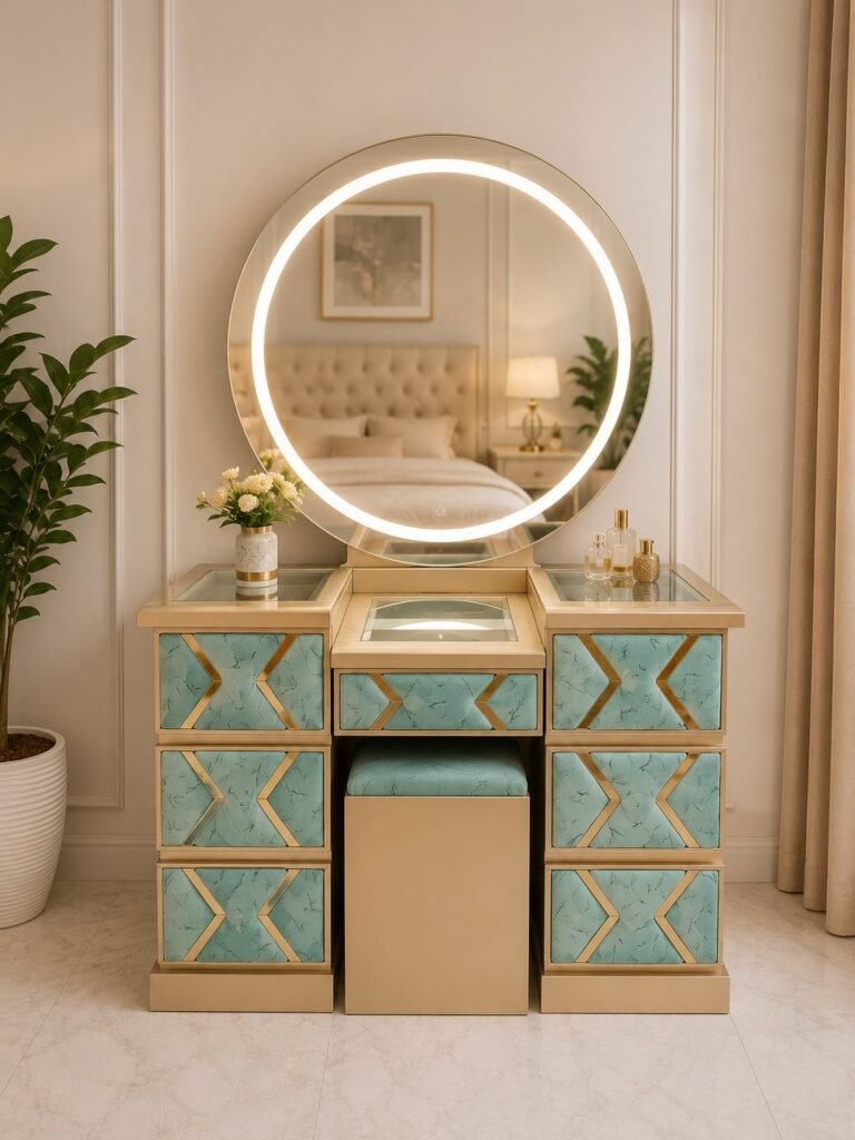 Premium Gold and Aqua LED Dressing Table with Round Mirror, Storage Drawers and Matching Stool
