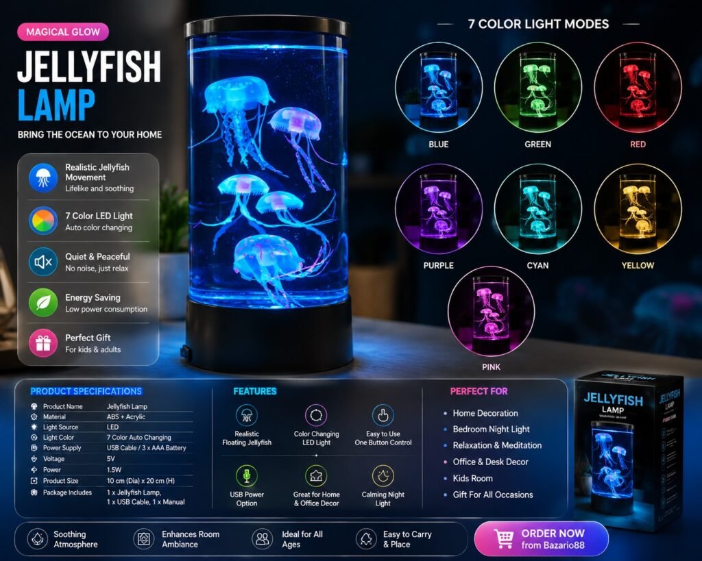 LED Jellyfish aquarium lamp with realistic floating jellyfish, 7-color changing lights and USB-powered decorative night light for bedroom, office and home décor.
