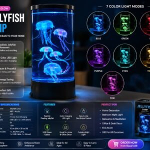 LED Jellyfish aquarium lamp with realistic floating jellyfish, 7-color changing lights and USB-powered decorative night light for bedroom, office and home dÊcor.