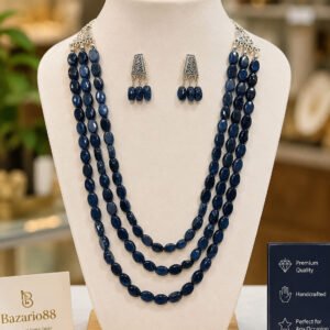 Premium Navy Blue Three Layer Beads Necklace Set with Matching Earrings on Jewelry Display Stand