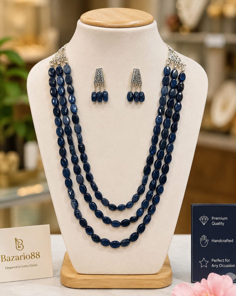 Premium Navy Blue Three Layer Beads Necklace Set with Matching Earrings on Jewelry Display Stand