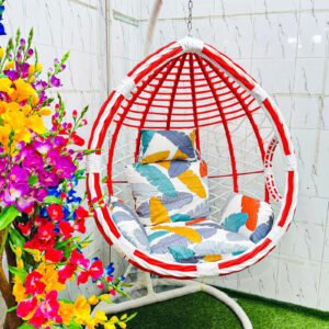Premium Red and White Egg Hanging Swing Chair with Colorful Leaf Print Cushion and Heavy Duty Steel Stand