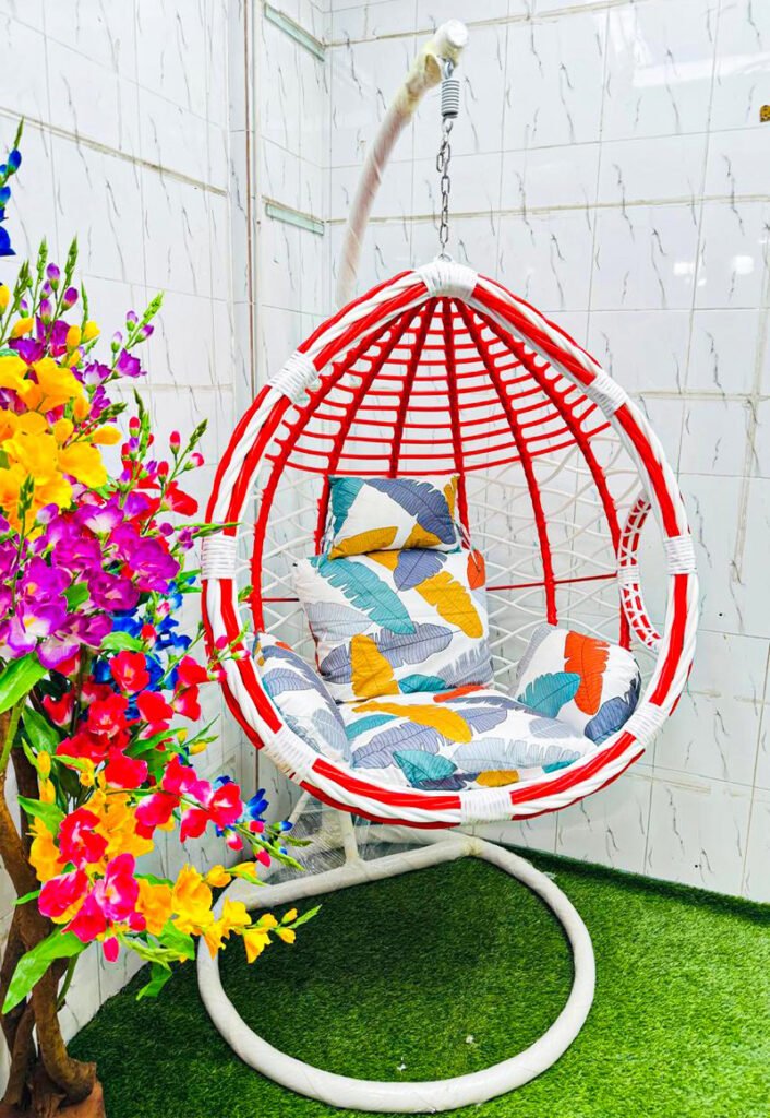Premium Red and White Egg Hanging Swing Chair with Colorful Leaf Print Cushion and Heavy Duty Steel Stand
