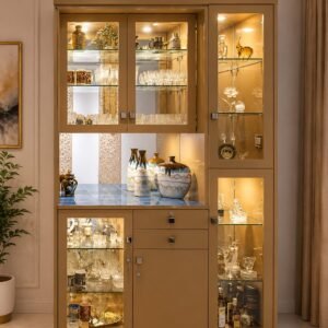 Premium luxury glass display cabinet with LED lighting and golden finish for living room and dining room
