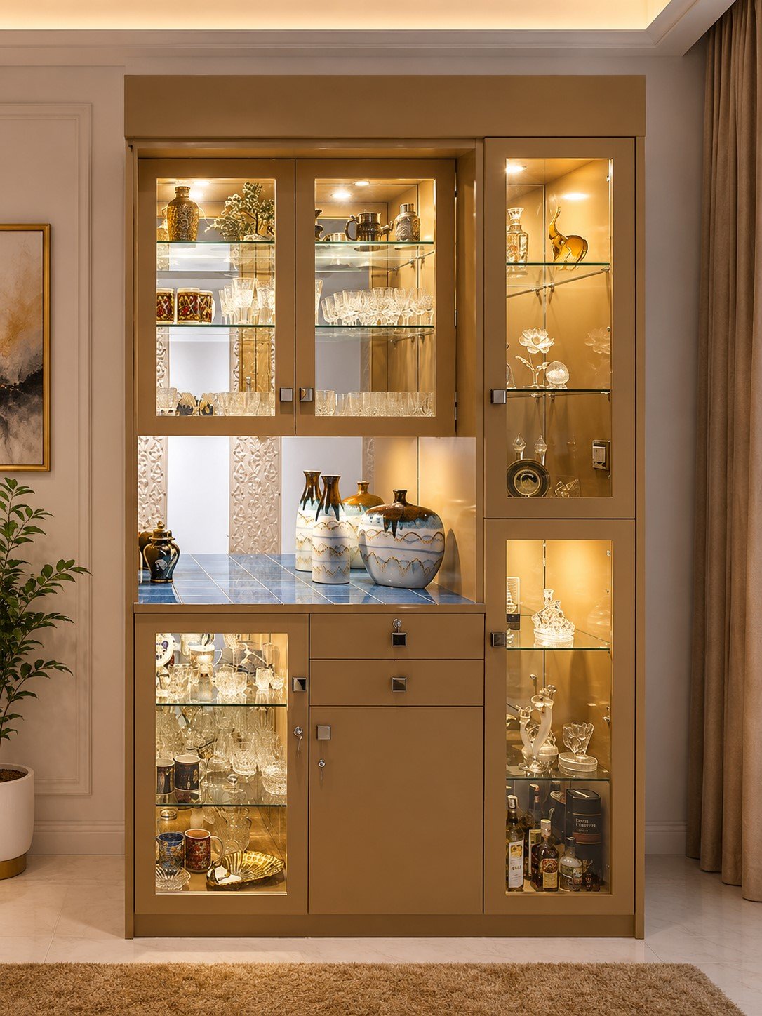 Premium luxury glass display cabinet with LED lighting and golden finish for living room and dining room