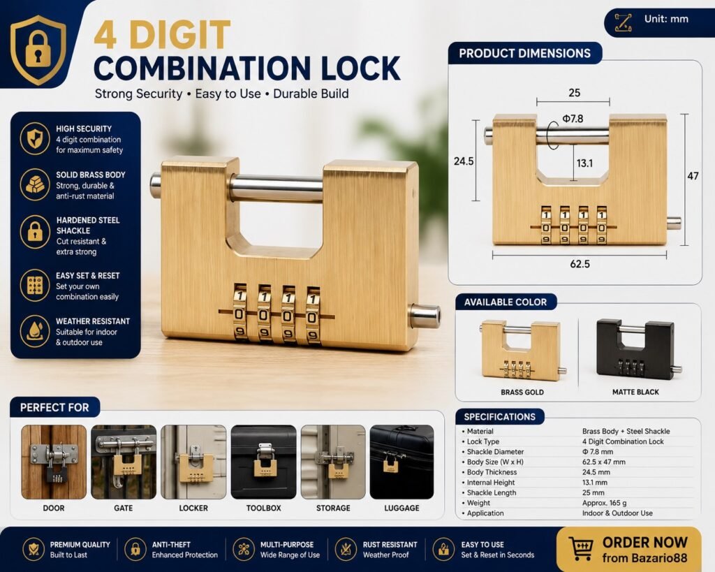 Heavy-duty 4-digit combination padlock with gold metal body and hardened steel shackle for lockers, gates, luggage and security applications.