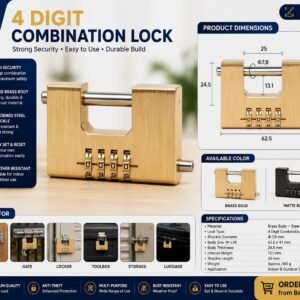 Heavy-duty 4-digit combination padlock with gold metal body and hardened steel shackle for lockers, gates, luggage and security applications.