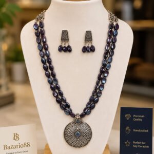 Premium Oxidized Pendant Necklace Set with Dark Blue Beads and Matching Earrings