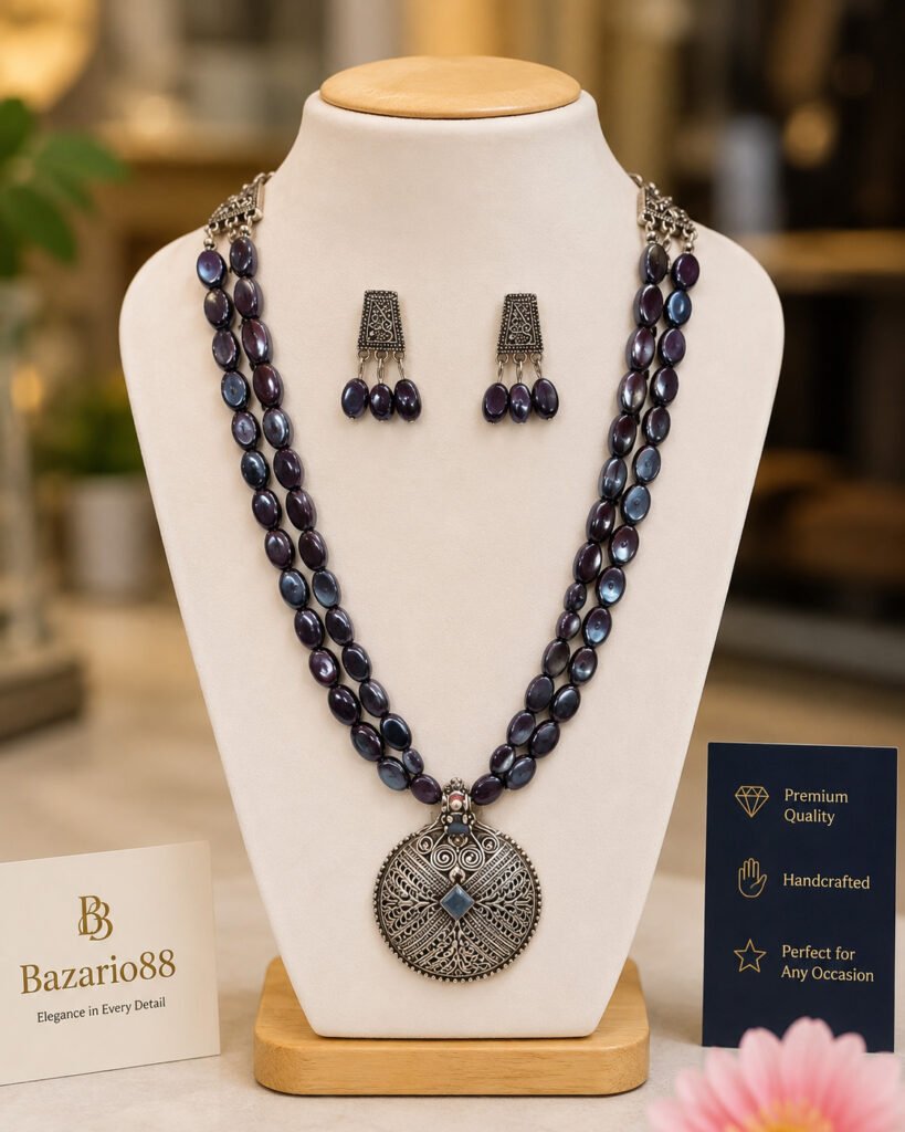Premium Oxidized Pendant Necklace Set with Dark Blue Beads and Matching Earrings