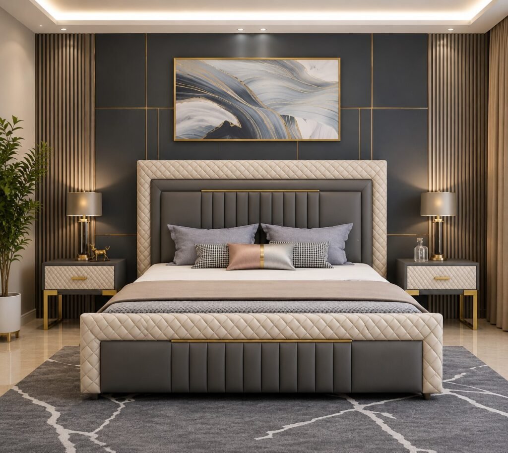 Premium Modern Luxury Upholstered Bed with Cream Quilted Headboard and Black Gold Design