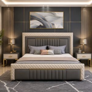 Premium Modern Luxury Upholstered Bed with Cream Quilted Headboard and Black Gold Design