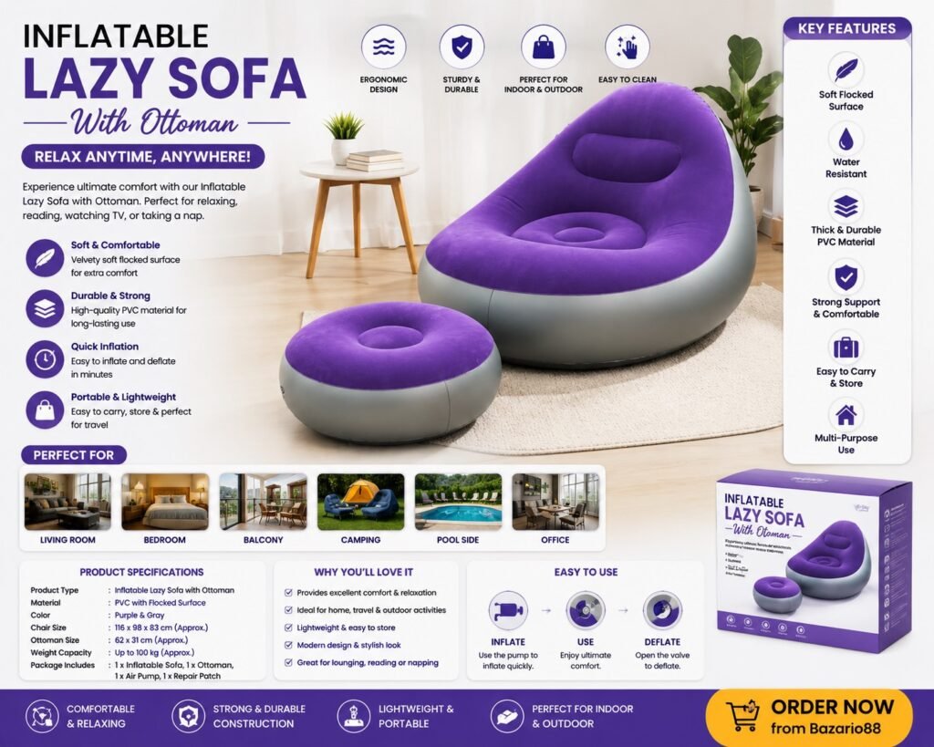 Purple inflatable lazy sofa with matching ottoman, made from soft flocked PVC material, ideal for indoor, outdoor, camping and home relaxation.