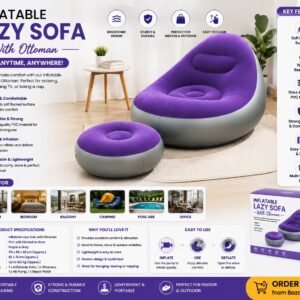 Purple inflatable lazy sofa with matching ottoman, made from soft flocked PVC material, ideal for indoor, outdoor, camping and home relaxation.