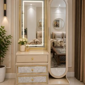 Premium luxury dressing table with LED mirror, full-length mirror and storage drawers in modern cream and gold finish