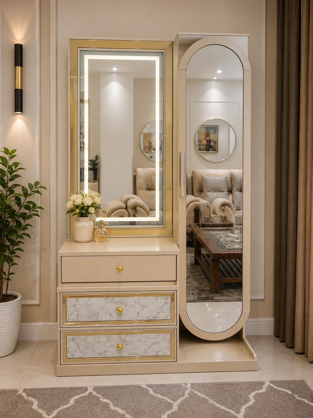 Premium luxury dressing table with LED mirror, full-length mirror and storage drawers in modern cream and gold finish