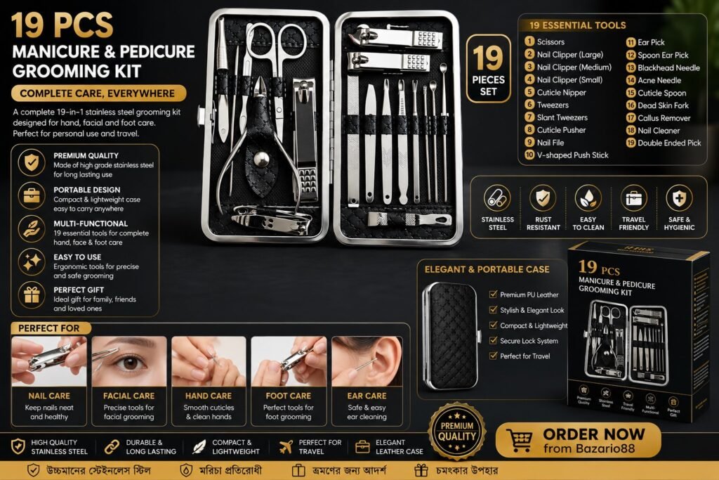 19 Pcs Premium Stainless Steel Manicure and Pedicure Grooming Kit with Luxury Travel Case for Men and Women.