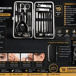 19 Pcs Premium Stainless Steel Manicure and Pedicure Grooming Kit with Luxury Travel Case for Men and Women.