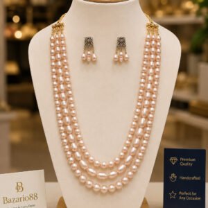 Premium 3 Layer Pearl Necklace Set with Matching Pearl Earrings on Elegant Jewelry Display Stand