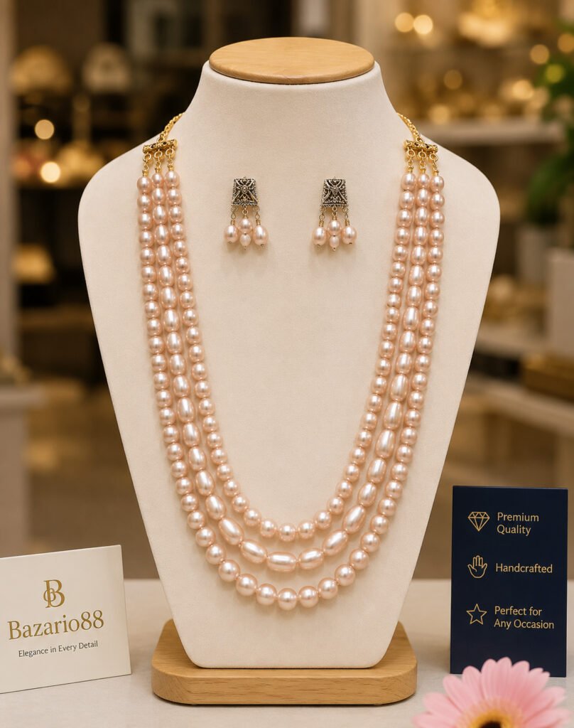 Premium 3 Layer Pearl Necklace Set with Matching Pearl Earrings on Elegant Jewelry Display Stand