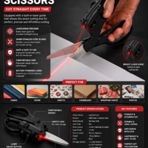 Laser Scissors with built-in red laser guide, stainless steel blades and ergonomic handle for precise cutting of paper, fabric, cardboard and craft materials. Perfect for home, office, school and tailoring.