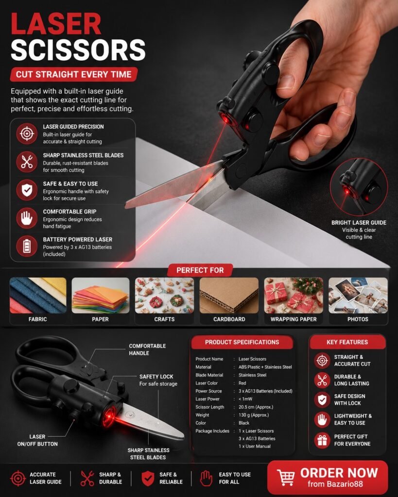 Laser Scissors with built-in red laser guide, stainless steel blades and ergonomic handle for precise cutting of paper, fabric, cardboard and craft materials. Perfect for home, office, school and tailoring.