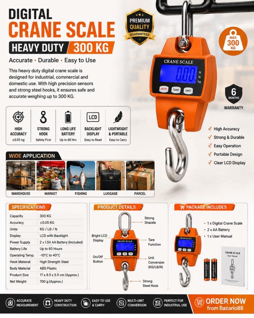 Digital Crane Scale 300KG Heavy Duty LCD Hanging Weight Scale with Steel Hook for Industrial and Commercial Use