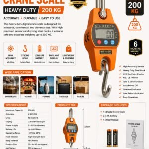 Digital Crane Scale 200KG Heavy Duty Hanging Weight Scale with LCD Display and Stainless Steel Hook