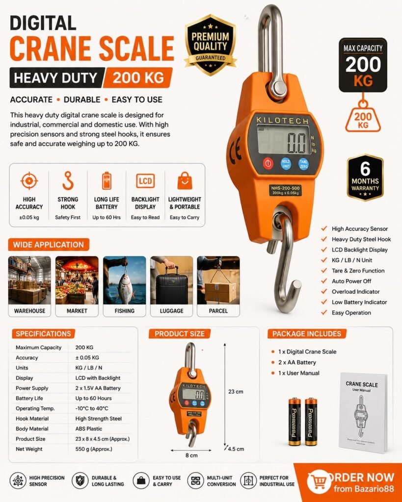 Digital Crane Scale 200KG Heavy Duty Hanging Weight Scale with LCD Display and Stainless Steel Hook