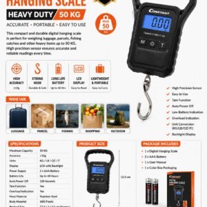 50KG Digital Hanging Weight Scale with LCD Display, Portable Electronic Luggage Scale, Stainless Steel Hook for Fishing, Parcel and Travel
