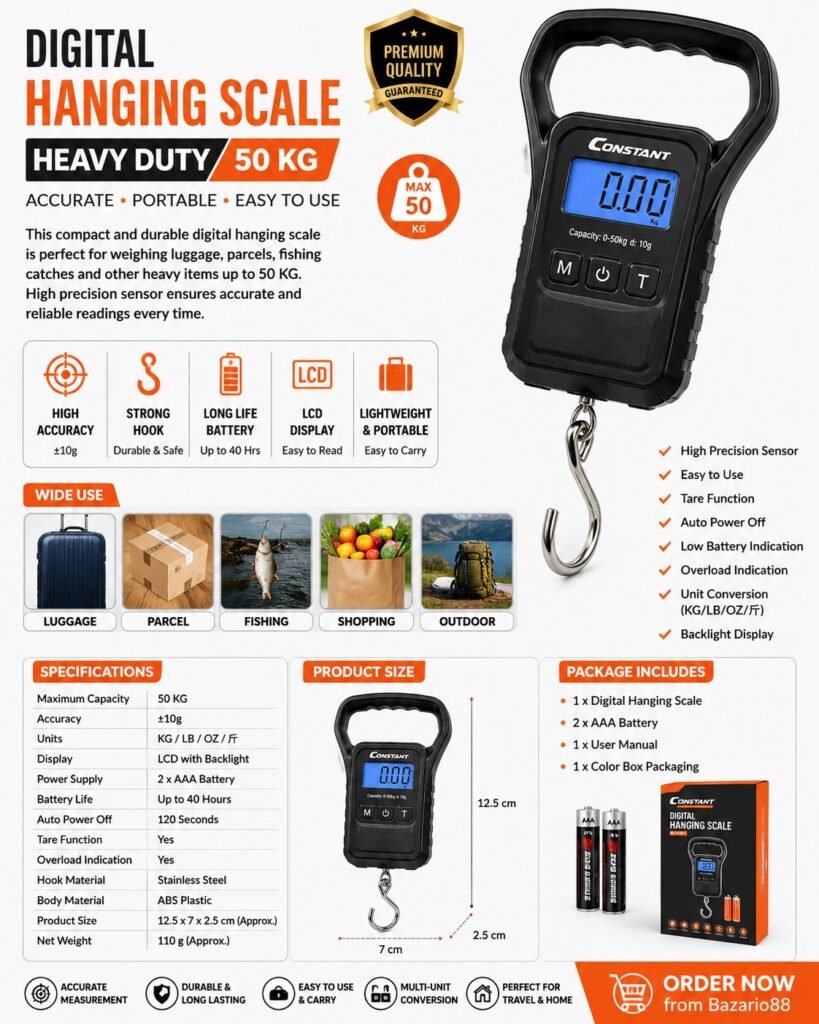 50KG Digital Hanging Weight Scale with LCD Display, Portable Electronic Luggage Scale, Stainless Steel Hook for Fishing, Parcel and Travel