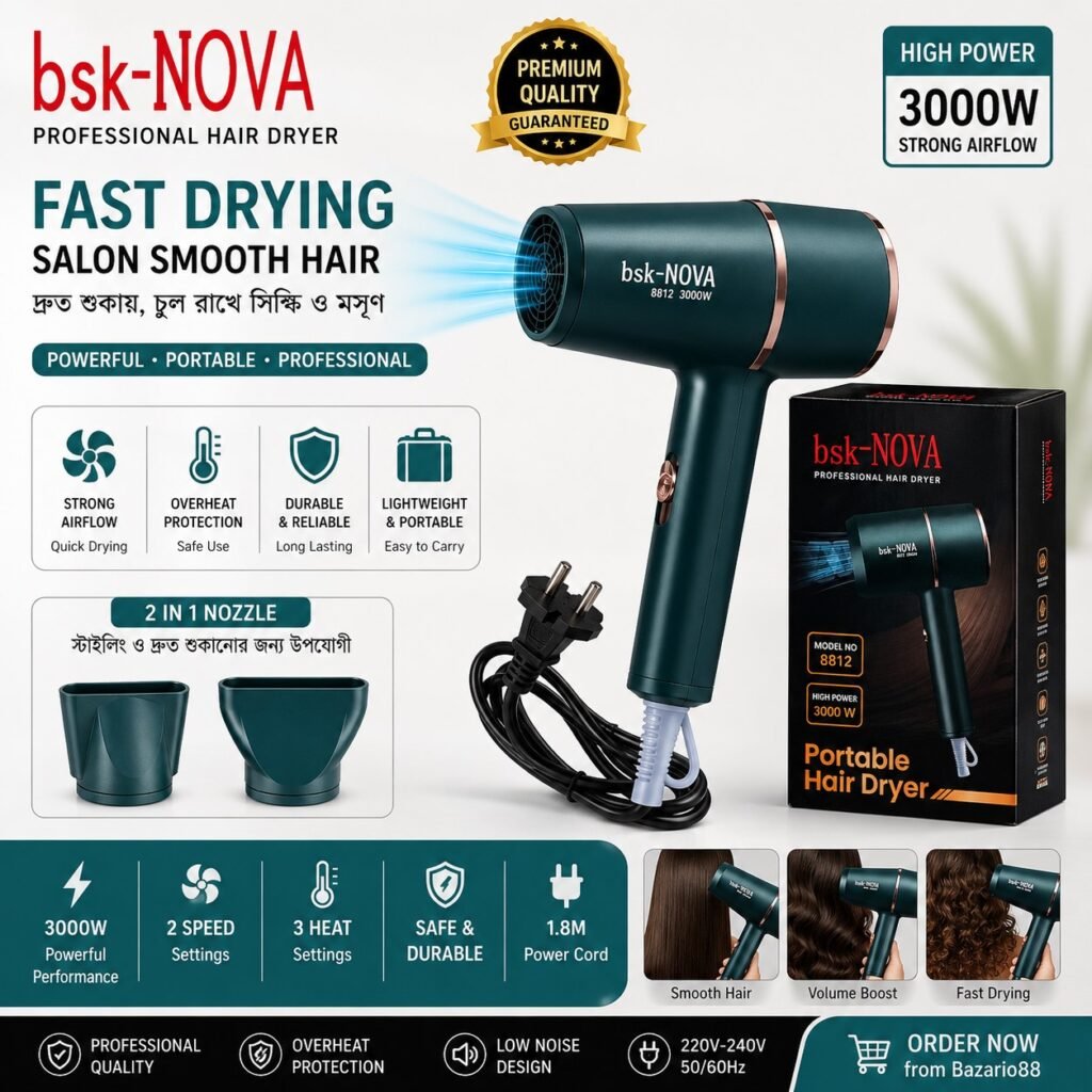 bsk-NOVA Professional Hair Dryer 3000W with Concentrator Nozzle for Fast Hair Drying and Salon Styling