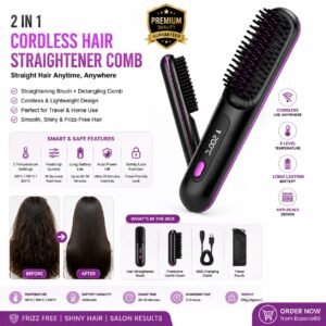 Cordless 2-in-1 Hair Straightener Comb with LCD Display, USB Rechargeable Portable Hair Styling Brush