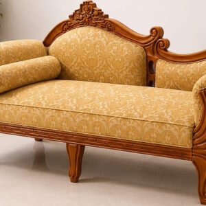 Royal Segun Wood Divan with Golden Jacquard Upholstery and Hand-Carved Wooden Frame