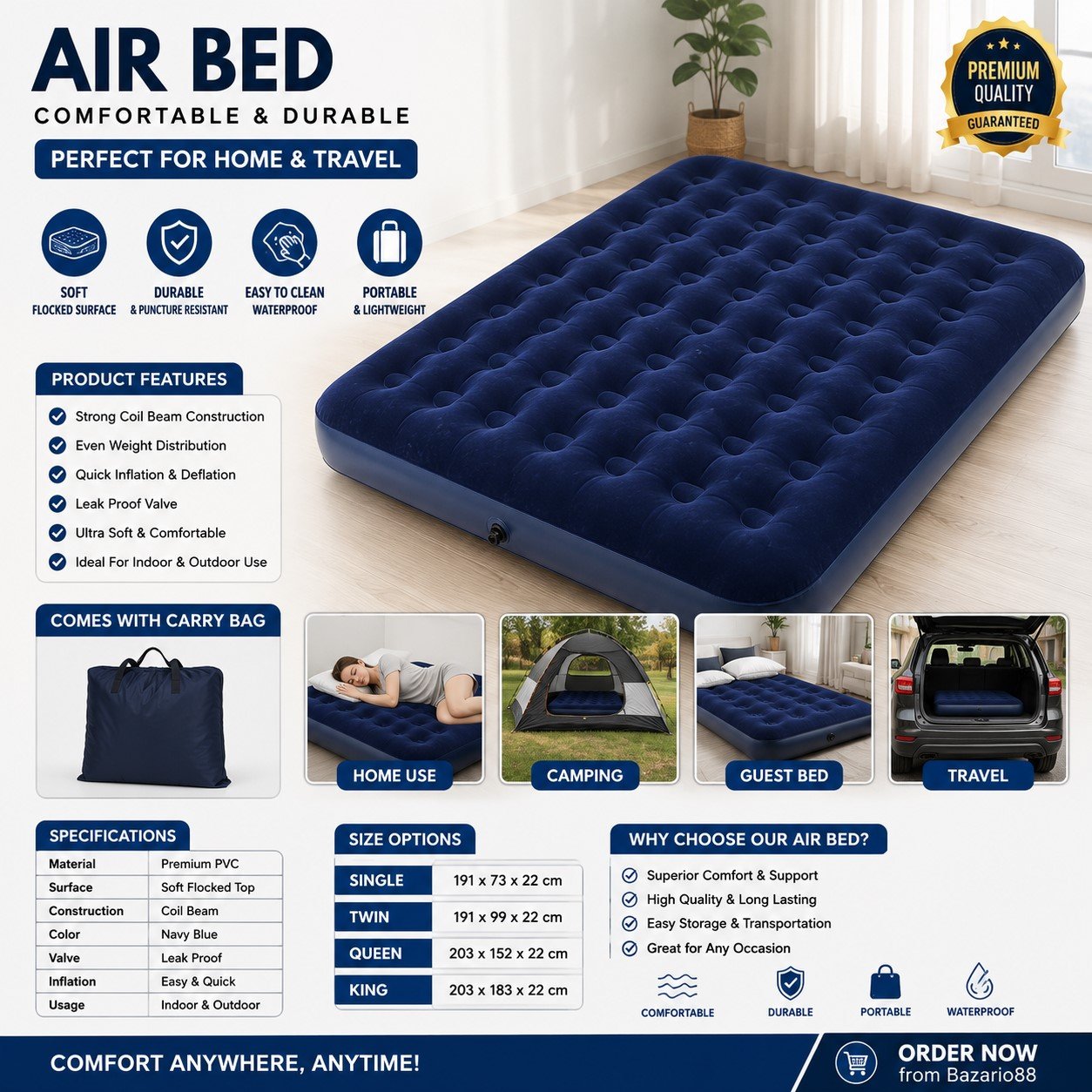 Premium Inflatable Air Bed – Comfortable Portable Air Mattress