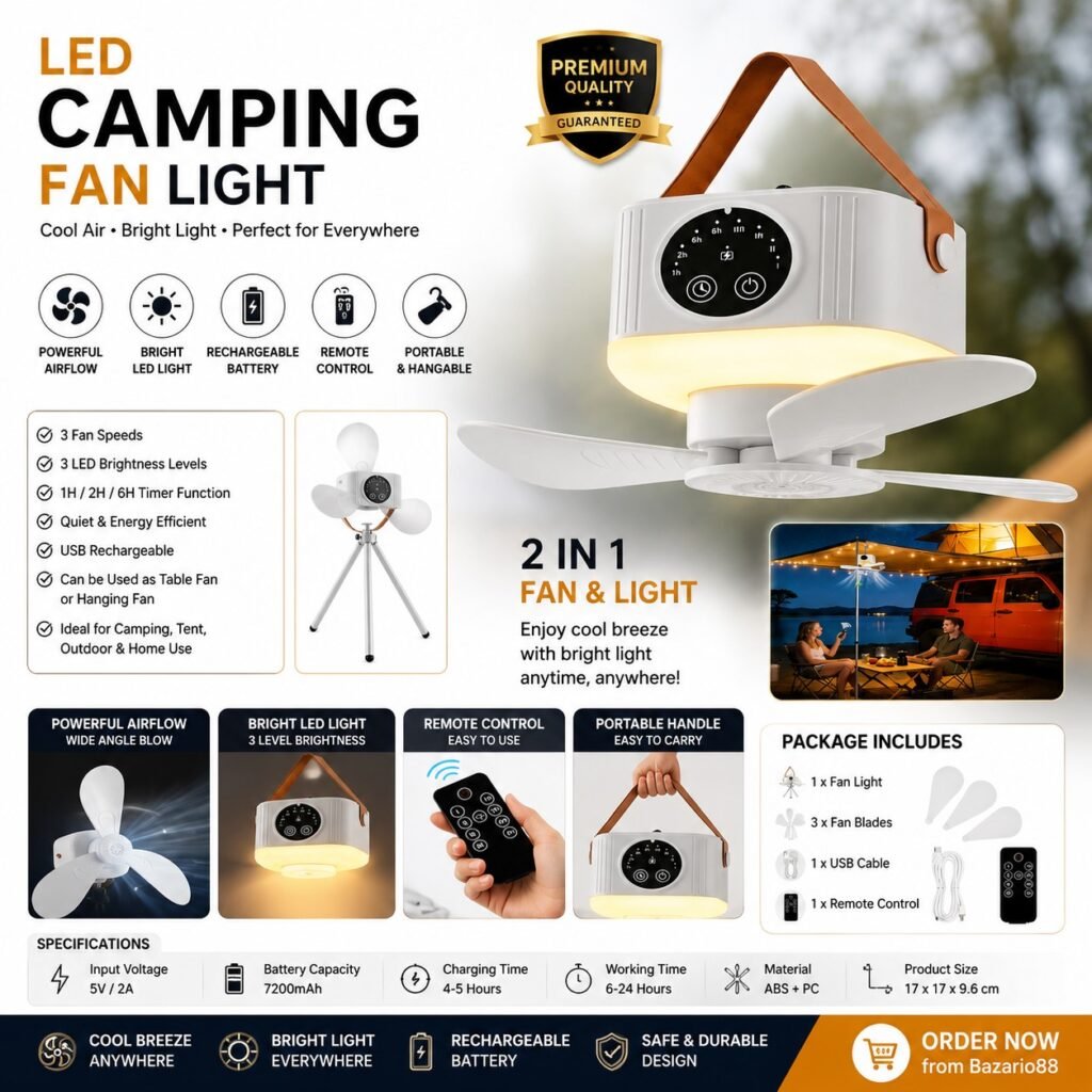 Rechargeable LED Camping Fan Light with Remote Control, Portable Hanging Fan and Emergency LED Light for Camping, Travel and Home Use.