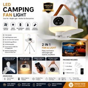 Rechargeable LED Camping Fan Light with Remote Control, Portable Hanging Fan and Emergency LED Light for Camping, Travel and Home Use.