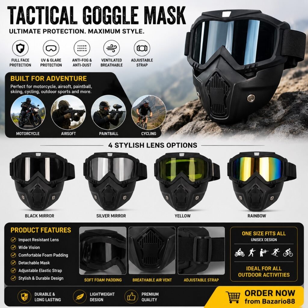 Black Tactical Full Face Motorcycle Goggle Mask with Anti-Fog UV Protection Lens and Adjustable Strap for Riding & Outdoor Sports