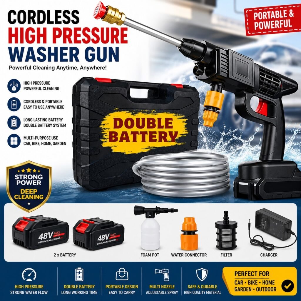 Cordless High Pressure Washer Gun with Double Battery, Foam Bottle, Water Hose and Accessories for Car Wash and Home Cleaning