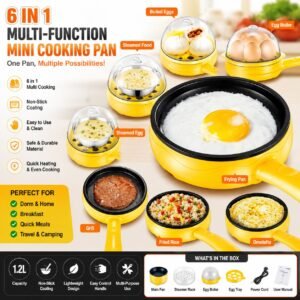 Yellow 6-in-1 Electric Mini Cooking Pan with Egg Boiler, Steamer, Frying Pan and Non-Stick Coating for Quick Cooking