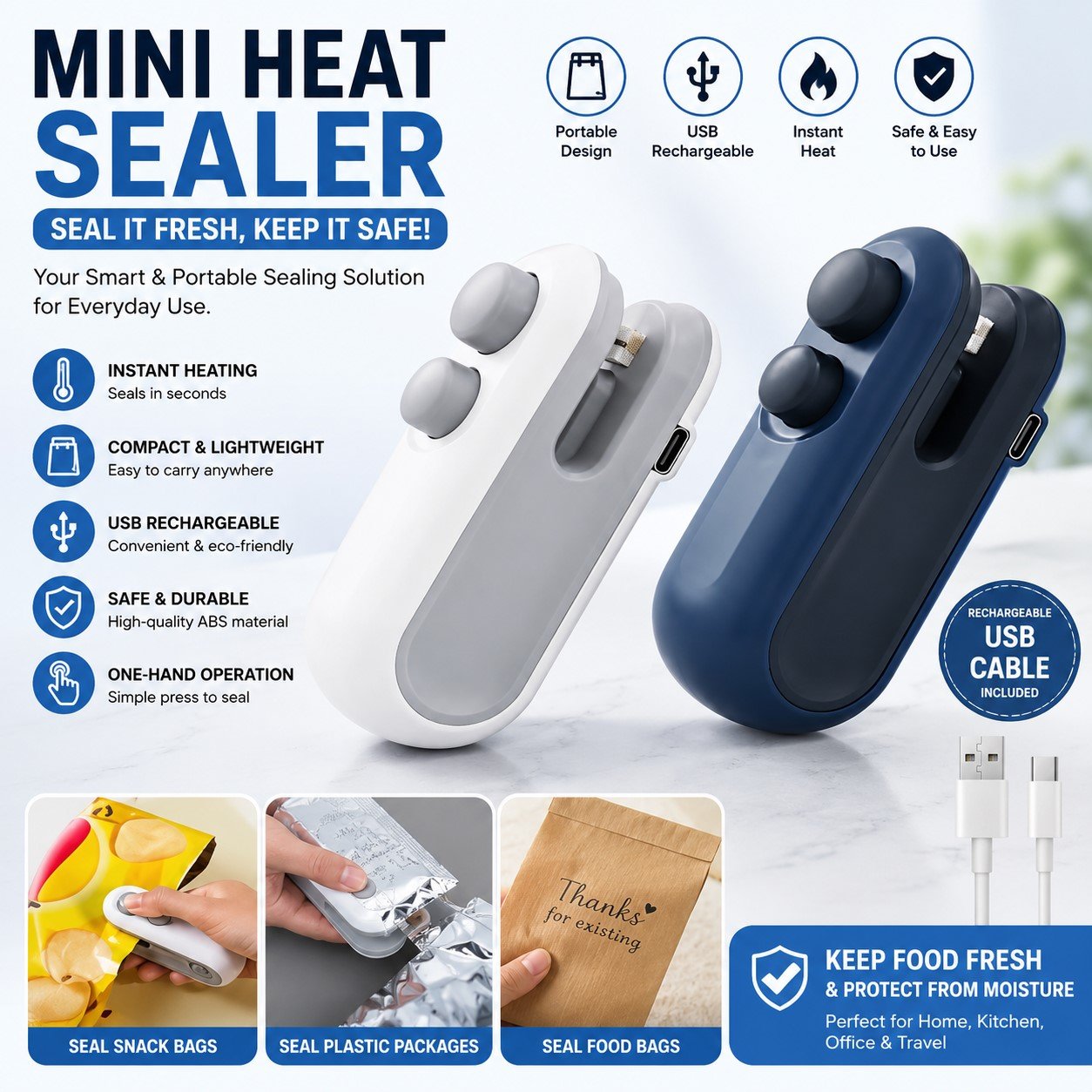 Portable USB Rechargeable Mini Heat Sealer and Bag Cutter for Sealing Food Storage Bags and Snack Packets