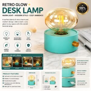 Retro Glow LED Desk Lamp with Vintage Amber Bulb, USB Powered Night Light for Bedroom, Office and Home Decoration