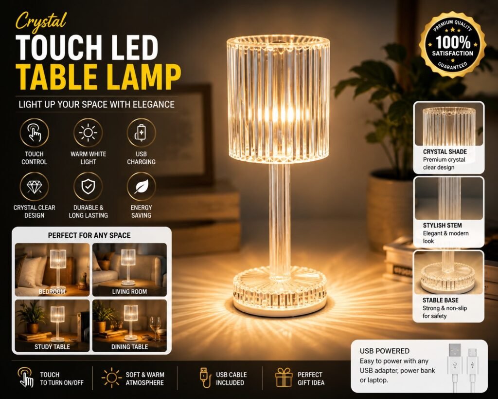 Crystal Touch LED Table Lamp USB Rechargeable Diamond Design Night Light for Bedroom, Living Room and Home Decoration