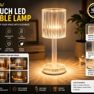 Crystal Touch LED Table Lamp USB Rechargeable Diamond Design Night Light for Bedroom, Living Room and Home Decoration