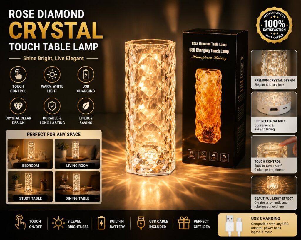 Rose Diamond Crystal USB Rechargeable Touch Table Lamp with Elegant Crystal Design