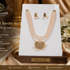 Luxury Multi-Layer Pearl Necklace Set with Matching Earrings on White Display Stand – Elegant Traditional Jewelry by Bazario88